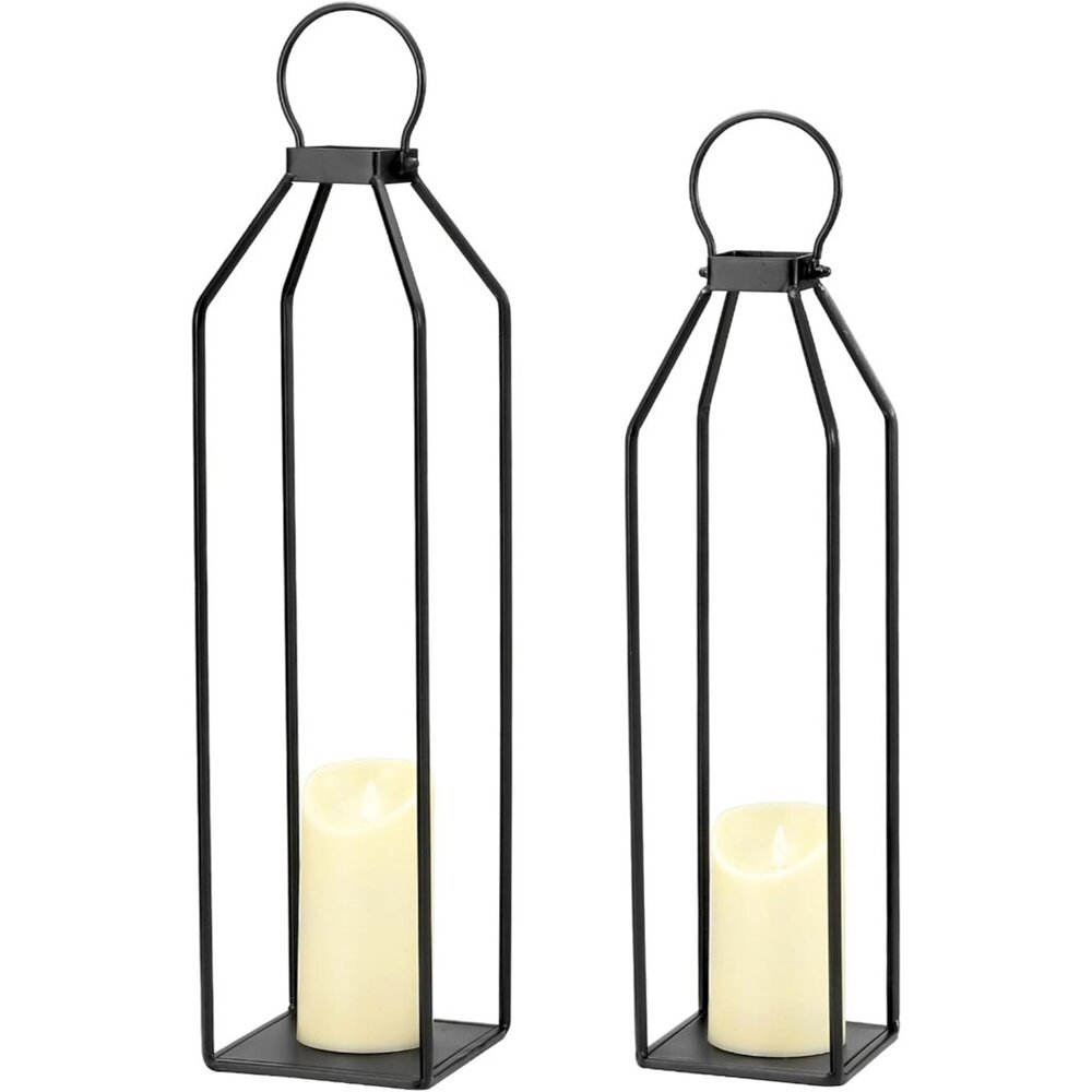 Modern Farmhouse Lantern Decor, 19.7'' 22'' Set of 2 Black Metal Lanterns, 2 LED - Picture 7 of 7